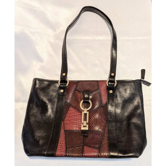 Vintage Etienne Aigner Black Leather Shoulder Bag Tote Embossed Snakeskin Mosaic - Picture 1 of 14